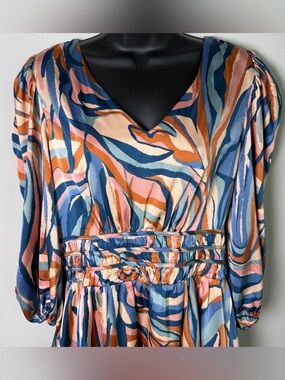 TCEC Satin Swirl Print Mini Dress Size L Dopamine Dressing 70s Retro Abstract
